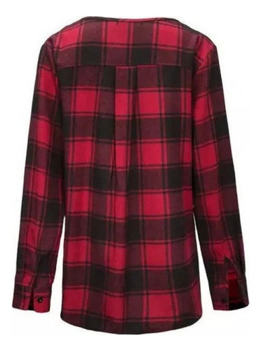 Blusa De Mujer Manga Larga A Cuadros Con Cuello En V Suelta