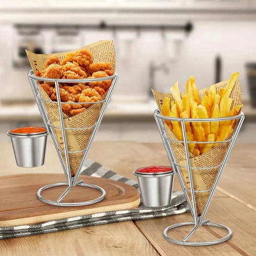 2 Cono Soporte Papas Fritas O Botana Acero Inoxidable 2 Dips