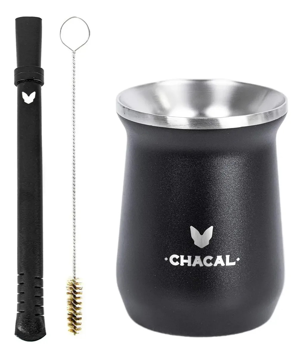 Kit Terere Chacal Copo, Bomba E Escova 100% Inox Logo Preen Cor Copo Preto Chacal Bomba Preta Chacal