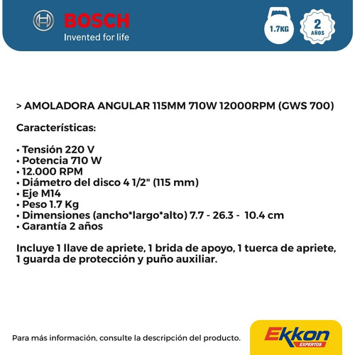 Imagen 4 de 9 de Amoladora Angular Bosch 115 Mm 710 W Gws 700