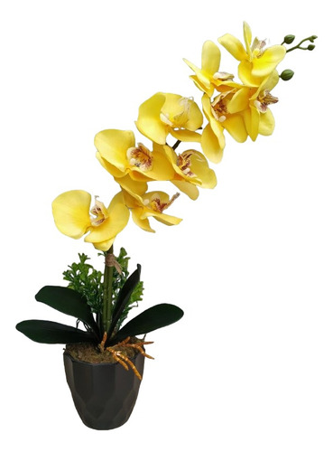 Arranjo De Orquídea Artificial Amarela Em Vaso Preto 3d