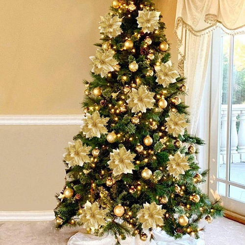 E D 30 Unidades De Flores Douradas Natal Com Glitter P