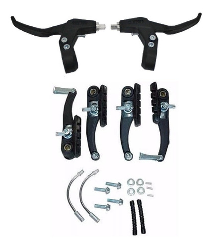 Kit Freio V-brake Em Nylon Cores Bike C/ Manete E Cabos