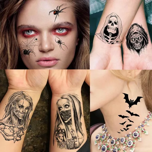 12 Hojas Juego De Tatuajes De Cara De Halloween, 4 Hojas De