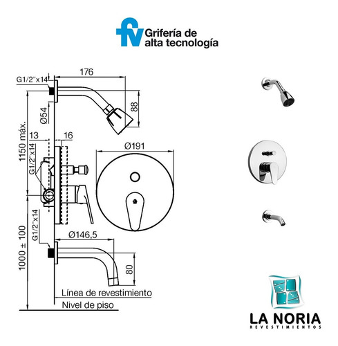 Imagen 2 de 7 de Griferia Monocomando Para Ducha 106/m4cr M4 Cromo Fv