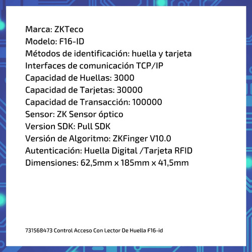 Imagen 2 de 10 de Control Acceso Con Lector De Huella F16-id