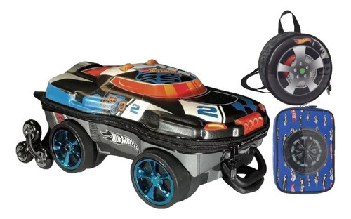 Kit Mochila Escolar Hot Wheels Terrain Storm 3d Rodinhas G Cor Preto/laranja