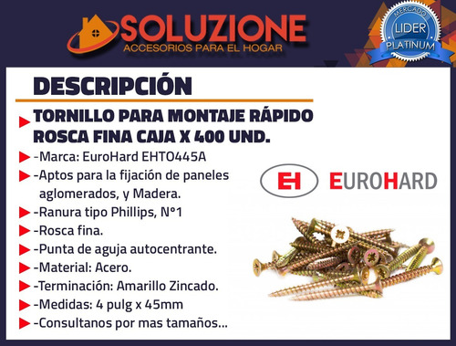 Imagen 3 de 10 de Tornillos 4mm X 45mm X 400unid Eurohard Amarillo Premium