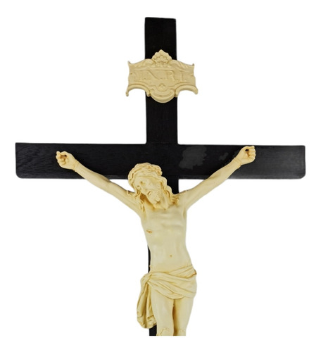Imagem 4 de 6 de Crucifixo Tradicional Madeira Imagem Resina Cor Marfim 70cm