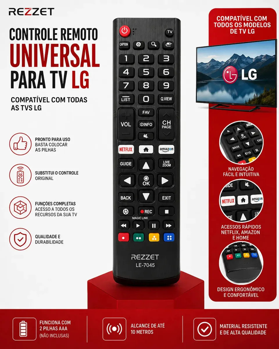 Controle Universal LG Smart TV Rezzet Compatível Com Todos os Modelos Pronto Para Uso Netlix e Prime Video