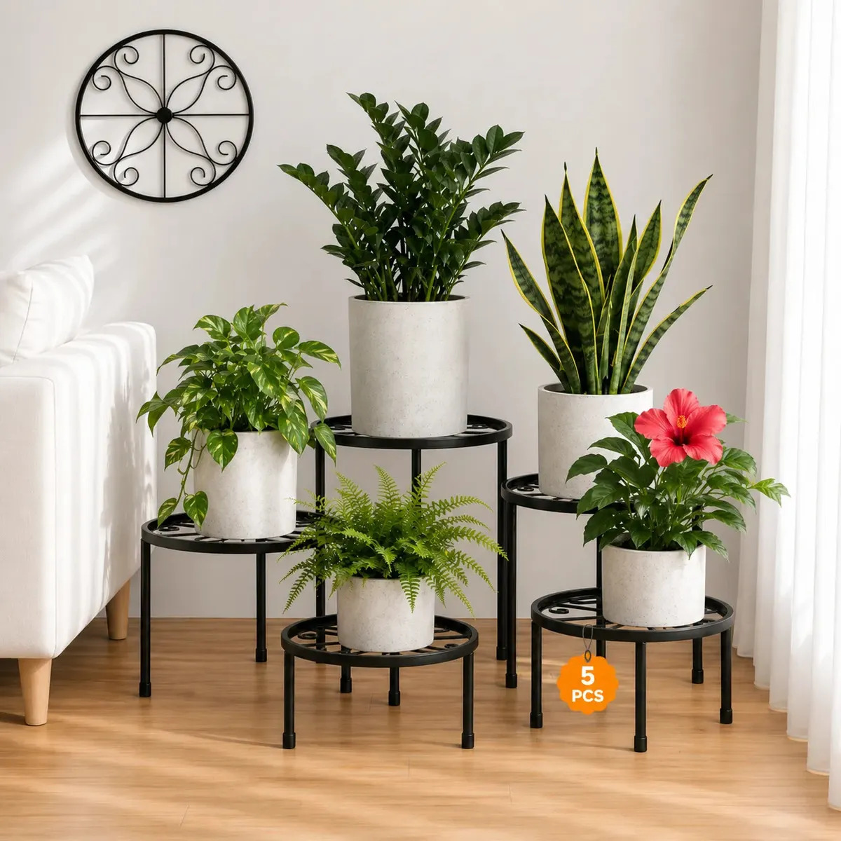 Kit 5 Suportes de Chão para Vasos de Plantas em Metal Antiderrapantes e Resistentes à Ferrugem para Sala Varanda Jardim e Pátio