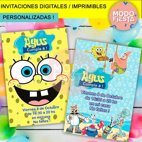 Invitaciones Digitales Cumpleaños Imprimibles Bob Esponja