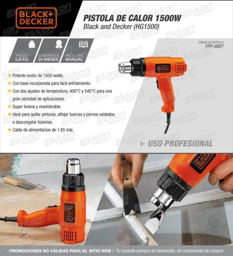 Imagen 7 de 7 de Pistola De Calor 1500w Black Decker Hg1500 Black + Decker