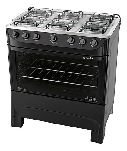 Cocina Mueller Moderatto 6B a gas 6 hornallas  negra mate puerta con visor 81.6L