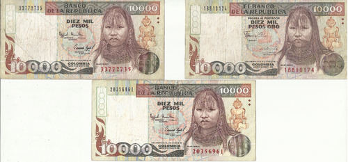 Colombia Lote Billetes 10000 Peso 1992-1994 Todas Las Fechas