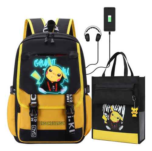 Conjunto De 2 Piezas, Usb Luminoso Pikachu Mochila Tote