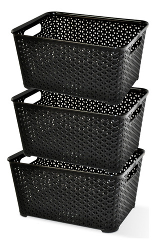 Cesto Plástico Ratán Rectangular Negro X3 Colombraro  Mm