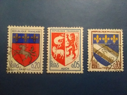 Francia Sellos De Escudos Usados X 3 Unicornio,león Y Flo