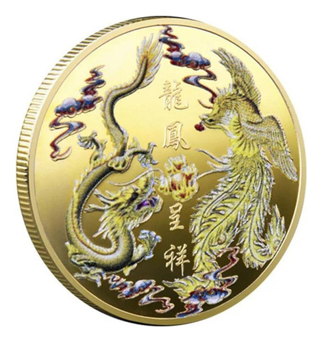 Moeda Fenix Dragão Chinês Decorativa Dourado Case Acrílico