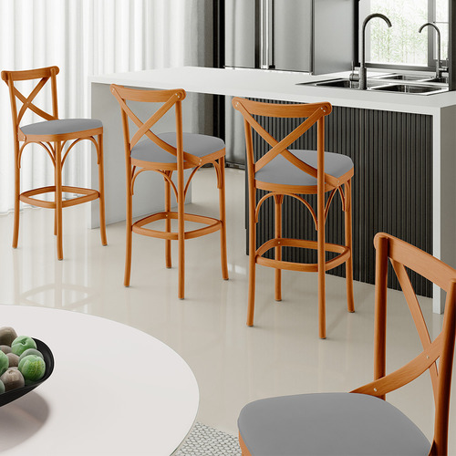 Kit 06 Banquetas Cozinha Sala Jantar Estof Ávila Suede Cinza
