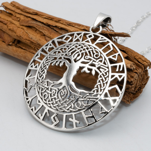 Árbol Yggdrasil Nórdico Runas Futhark + Collar Negro | M470