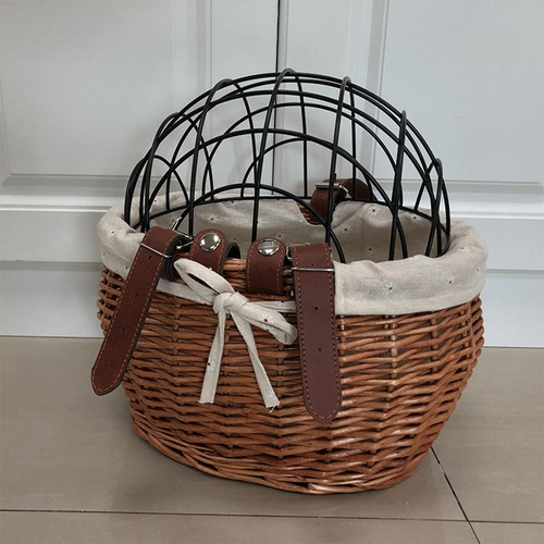 Cesta De Bicicleta De Mimbre Con Correas De Cuero Con