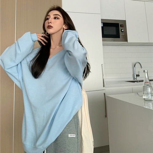 Camiseta Holgada De Manga Larga Con Cuello En V Para Mujer