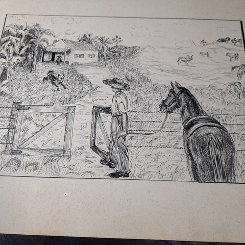 Imagem 1 de 6 de Desenho Pintura Nanquim Bico De Pena Antigo Cavalo Porteira