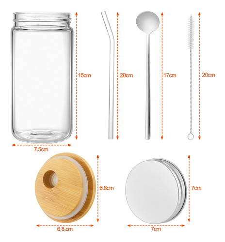 Vaso De Vidrio Con Tapas Y Popote Bambú Y Pajita Cuchara Tapa De Aluminio16oz 4 Pcs