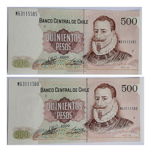 Pack De 2 Billetes Chileno Antiguos De $500 Año 2000 Unc