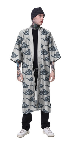 Kimono Haori Longo Kanji Nuvens China Japão Cloud Caligrafia