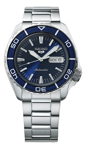 Reloj Seiko Hombre Doble Calendario 100mt Automatic Srpk97k1 Malla Plateado Bisel Azul Oscuro Fondo Azul Oscuro