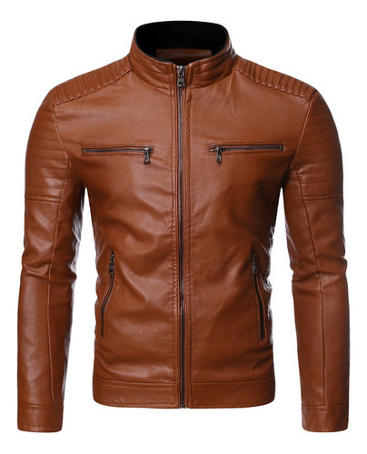 Chaqueta Fina De Cuero Con Cremallera Doble Para Hombre