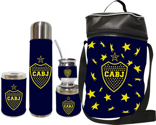Equipo De Mate Set Matero Boca Juniors 2025. Ecocuero Negro