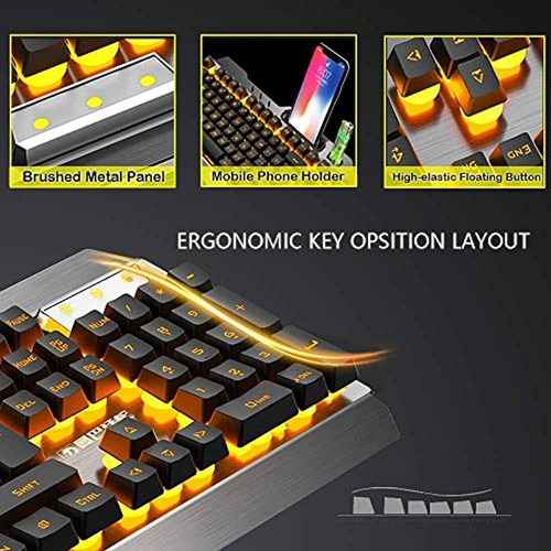 Teclado e mouse para jogos, luz de fundo laranja LED 3 em 1