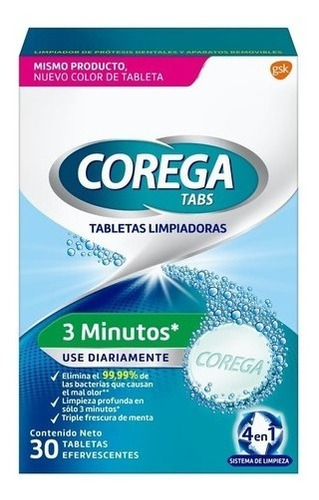 Corega Tabs 3 Minutos 30 Tabletas Limpiadoras Efervescentes 