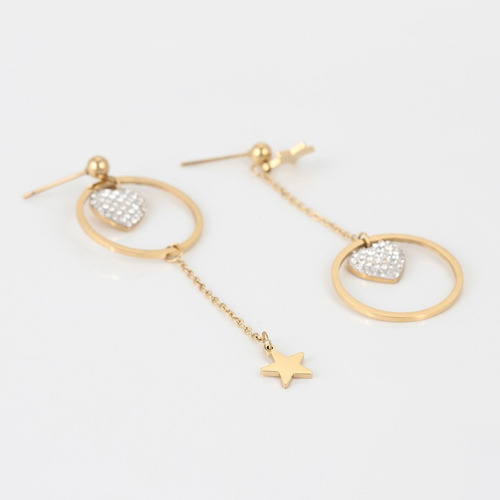 Imagen 3 de 8 de Aretes Estrella Corazon Swarovski Largos Dispar Oro 14k Lam