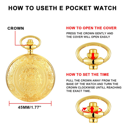 Reloj De Bolsillo Dorado Con Patrón Floral Y Números Romanos