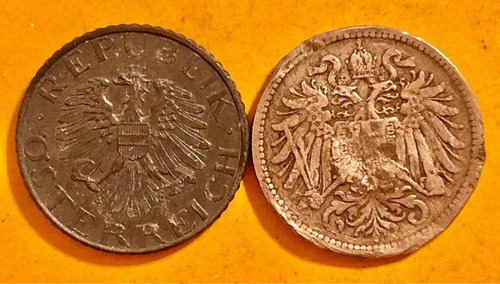 2 Monedas Austria: 5 Groschen Año 1957 Y 10 Heller Año 1800s (Usado)