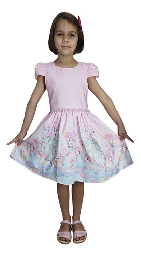 Vestido Infantil Festa Unicórnio Rosa Princesa Com Pérolas 