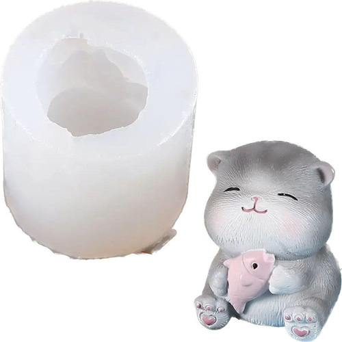 Molde Silicona Gatito Con Pez  Velas/cemento/resina/jabón