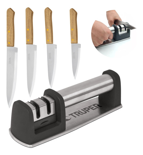 Combo 4 Cuchillos, Afilador De Cuchillo Acero Inoxidable