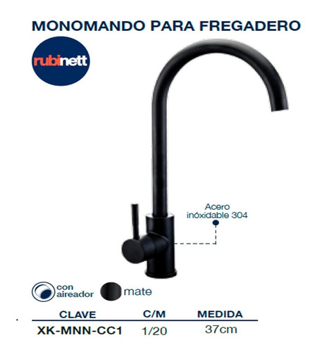 Imagen 3 de 4 de Mezcladora Monomando Fregadero Cocina Negro Mate 37 Cm