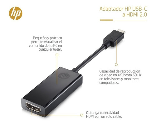 Imagen 4 de 6 de Adaptador Usb C Hp Pavilion Usb C - Hdmi 2pc54aa 0.1 Mts Neg