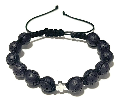 Pulsera Negra De Piedra Volcánica Y Cruz Plateada Unisex