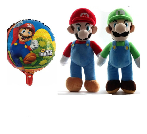 Peluches Mario Bros Y Luigi De 25 Cm + Globo Metalico 40 Cm