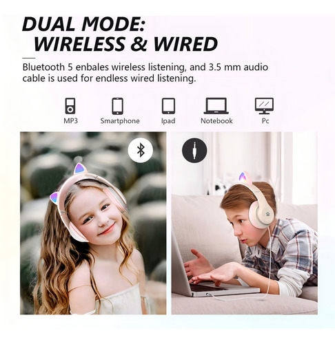 Audifonos Orejas De Gato Bluetooth 5.1 Led Diadema Ninos Color Blanco