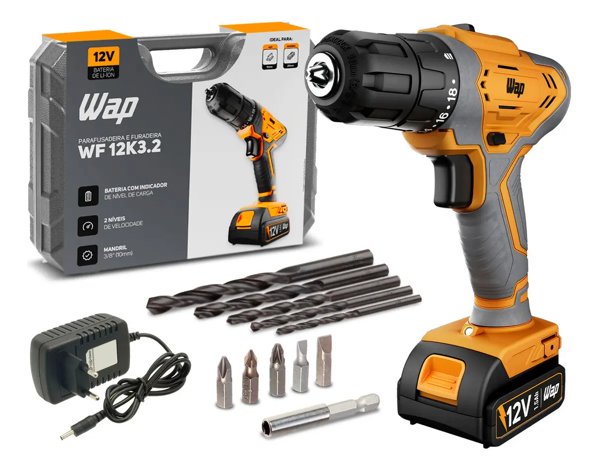 Parafusadeira E Furadeira A Bateria Li-ion Wap Wf 12k3.2 Carregador Com Maleta E Kit De 11 Acessórios