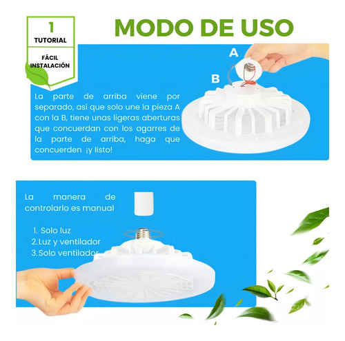 Ventilador Techo Abanico Socket Fijo E27 Luz Led 3 Tonos