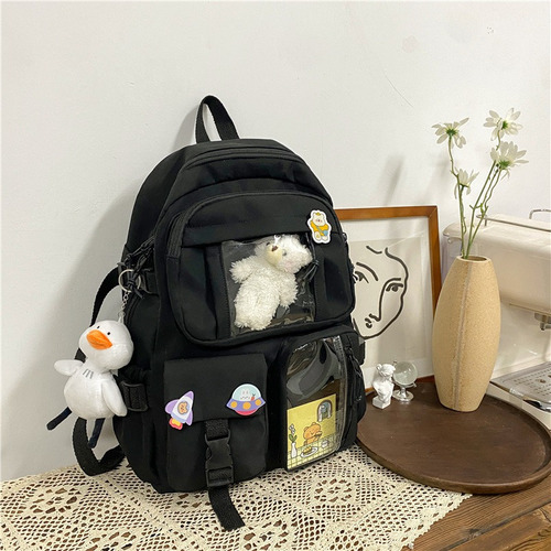 Mochila Impermeable Coreana Kawaii Black With Pato And Bear